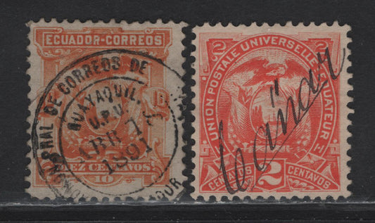 Lot 116 Ecuador SC#15, 20 10c - 2c Orange - Vermillion Arms, 1881-1887 Arms Issues, 2 Good/Fine Used Singles, Script Canar Overprint & April 7 1891 SON CDS Cancels