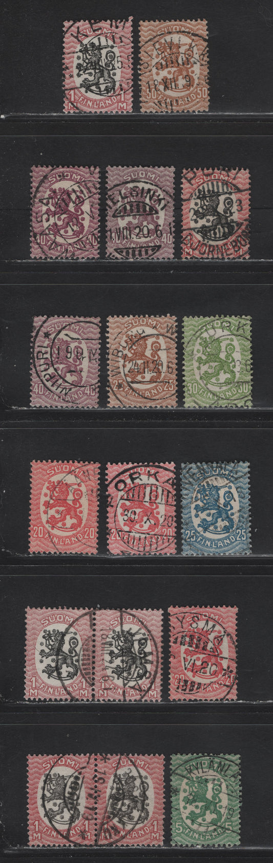 Lot 119 Finland SC#83, 89, 91-94, 96, 101 5p - 1m Green - Dull Rose & Black Helsinki, 1917-1930 Helsinki Issue, 15 Very Fine Used Singles, Unwatermarked, Nearly All With SON Town Cancels
