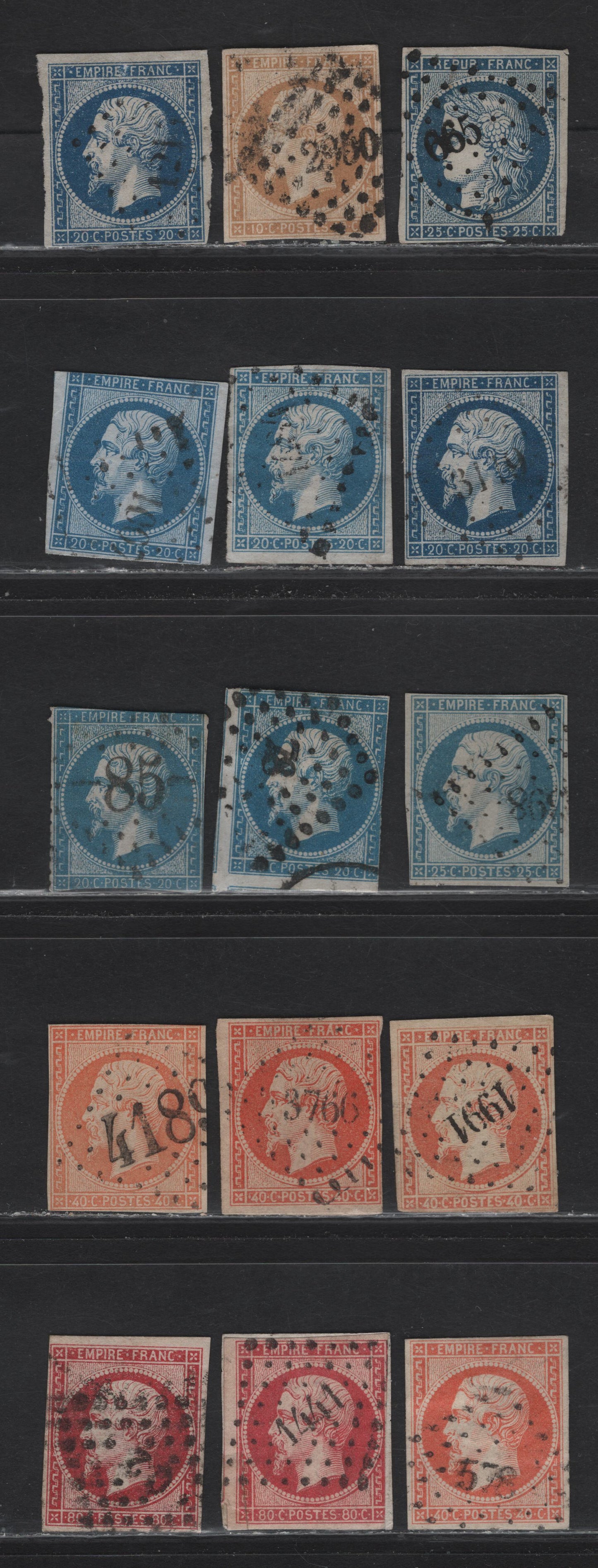 Lot 120 France SC#6a, 14-15, 18-a, 19,d 25c - 80c Blue - Pale Carmine Lake Ceres - Napoleon III, 1849-1860 Impef Ceres - Napoleon III Issues, 15 Very Good/Fine Used Singles, Diamond Dotted Numeral Cancels