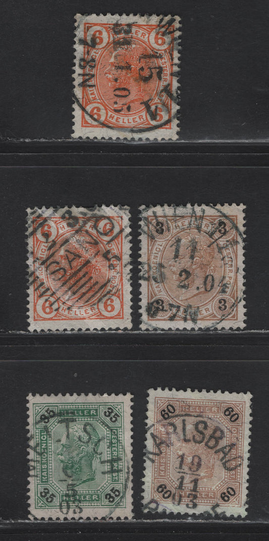 Lot 12 Austria SC#72a, 79, 82a, 91b 3h - 60h Brown Franz Josef, 1901-1904 Franz Josef Sideface Issue, 5 Very Fine Used Singles, Varnish Bars & SON Town Cancels, Including Mellsch In the Czech Republic