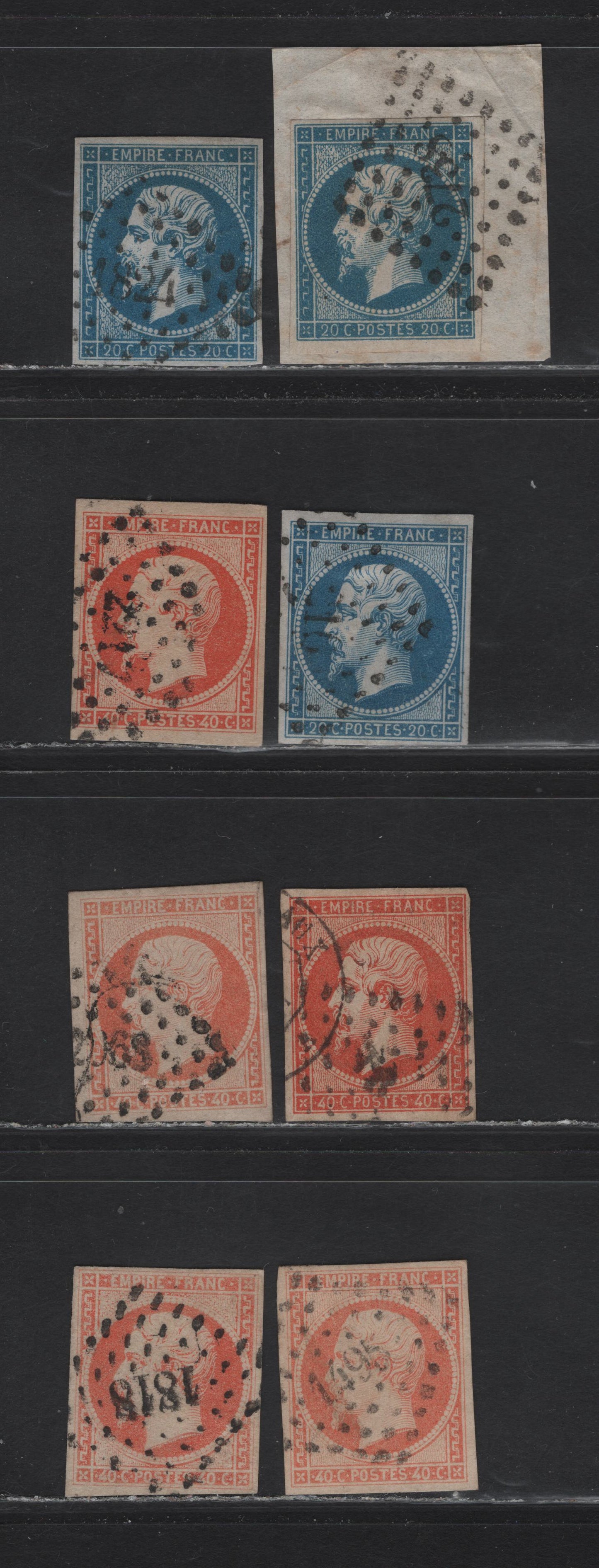 Lot 121 France SC#15, 18-a 20c - 40c Blue - Orange/Vermillion Napoleon III, 1853-1860 Imperf Napoleon III Issue, 8 Fine Used Singles, Diamond Dotted Numeral Cancels, Clear But Close Margins, Numbers Include 1495, 1818, 2068, 16, 221, 2738, 316 & 1824.
