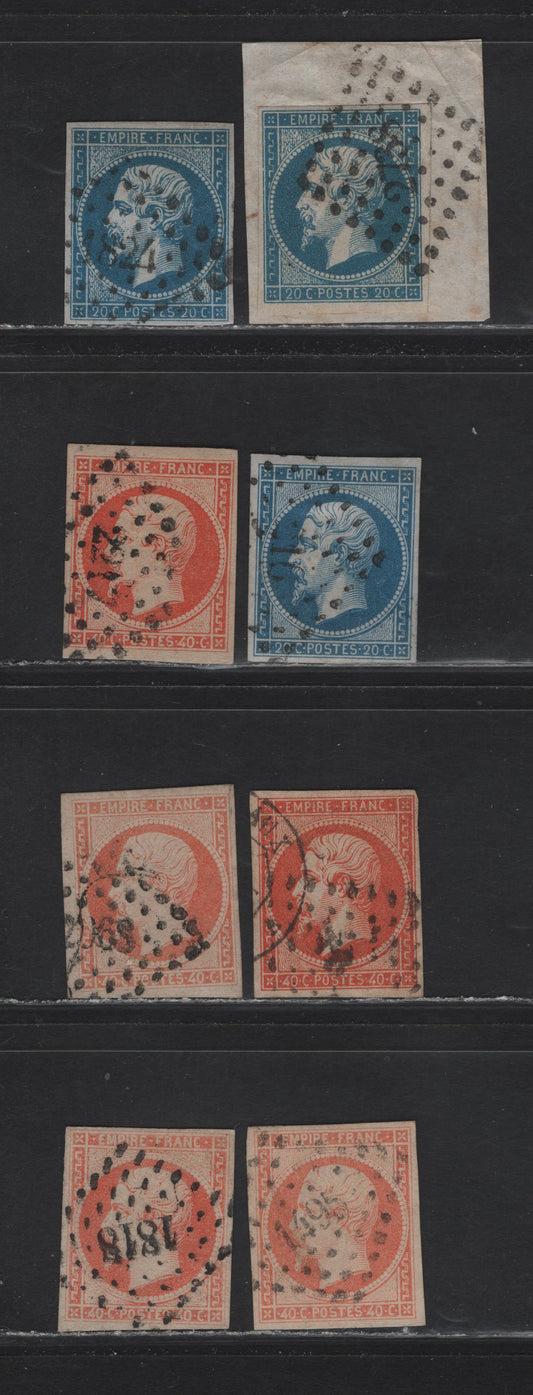Lot 121 France SC#15, 18-a 20c - 40c Blue - Orange/Vermillion Napoleon III, 1853-1860 Imperf Napoleon III Issue, 8 Fine Used Singles, Diamond Dotted Numeral Cancels, Clear But Close Margins, Numbers Include 1495, 1818, 2068, 16, 221, 2738, 316 & 1824.
