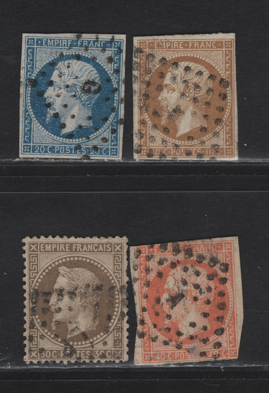 Lot 122 France SC#14b, 15, 18, 34b 10c - 30c Bistre Brown - Pale Brown Napoleon III, 1853-1870 Imperf & Perforated Napoleon Iii Issues, 4 Very Good/Fine/Very Fine Used Singles, Paris District Cancels Including G, LF & A