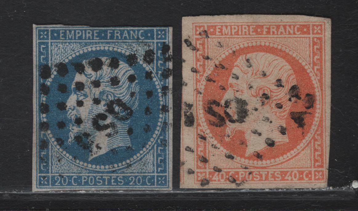 Lot 123 France SC#15, 18 20c - 40c Blue - Orange Napoleon III, 1853-1860 Napoleon III Issue, 2 Very Good/Fine Used Singles, OS1 & OS3 Paris District Cancels, OS Stands For 'Ouest' And The Numerals Refer To The Specific Desk Within The Office