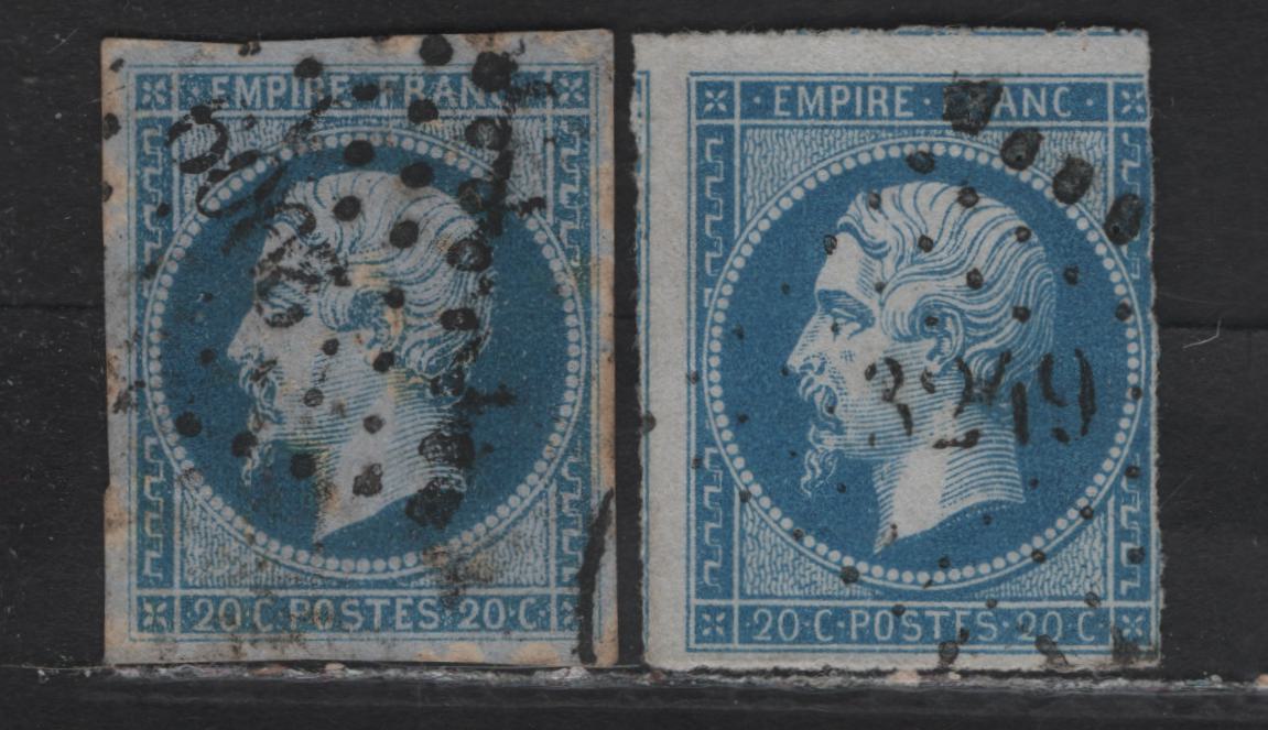 Lot 123A France SC#15c 20c - 40c Blue Napoleon III, 1853-1860 Napoleon III Issue, 2 Fine Used Singles, One With 4 Margins & 1 With 3, Each Cancelled With 2009 & 3249 Diamond Dotted Cancels