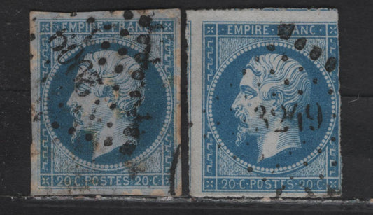 Lot 123A France SC#15c 20c - 40c Blue Napoleon III, 1853-1860 Napoleon III Issue, 2 Fine Used Singles, One With 4 Margins & 1 With 3, Each Cancelled With 2009 & 3249 Diamond Dotted Cancels