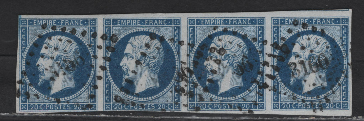 Lot 124 France SC#15a 20c - 40c Dark Blue Napoleon III, 1853-1860 Napoleon III Issue, A Fine Used Strip Of 4, Canceleld With 3160 Diagonal Dotted Cancel, Margins Are Clear To Just Touching On The Bottom of the Two Left Stamps