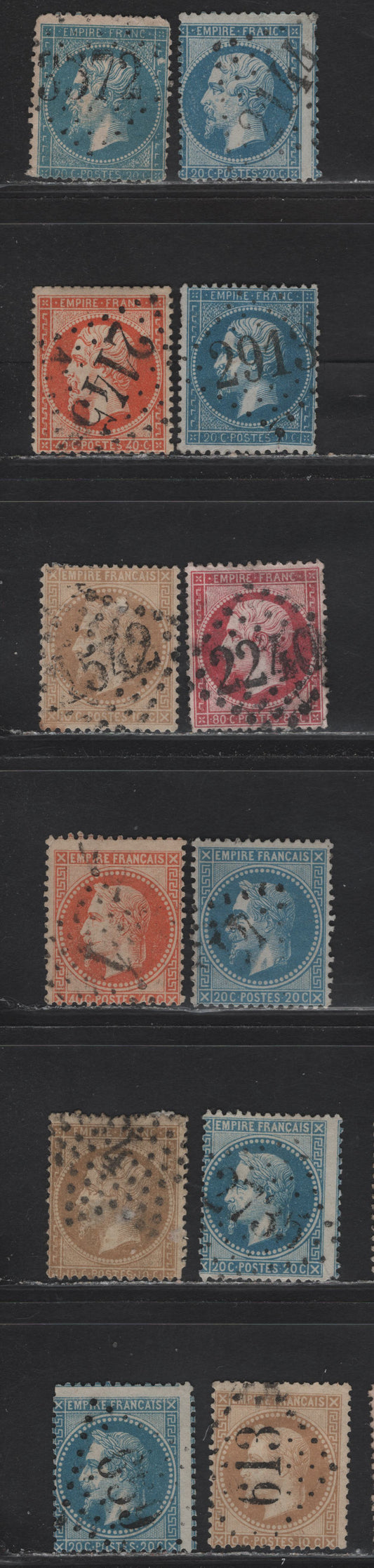 Lot 126 France SC#25-26, 27c, 28b, 32, 33, 35a 10c - 40c Bistre - Orange on Yellowish Napoleon III, 1862-1870 Napoleon III Issue, 12 Ungraded Used Singles, Large Numeral Diamond Dotted & Star Dotted Cancels, A Few Have Faults Like The 80c & one 20c
