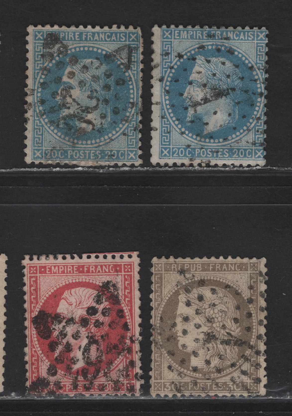 Lot 126A France SC#28b, 33, 62 80c - 30c Carmine Rose - Brown on Yellowish , 1862-1875 Perforated Napoleon III - Ceres Issues, 4 Very Good/Fine Used Singles, Paris Central Bureau Dotted Star Cancels, Numbers Include #1, #20, #26 and #1