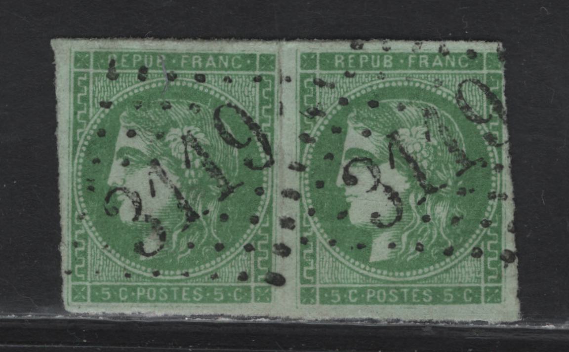 Lot 127 France SC#41 5c Yellow Green Bordeaux, 1870-1871 Bordeaux Issue, A Fine Used Pair, Type B, Crisp, Clear SON 3119 Numeral Cancel, Folded Pair, The Fold Just touches The Margin At UR, As With The Right Stamp.