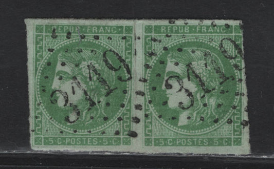 Lot 127 France SC#41 5c Yellow Green Bordeaux, 1870-1871 Bordeaux Issue, A Fine Used Pair, Type B, Crisp, Clear SON 3119 Numeral Cancel, Folded Pair, The Fold Just touches The Margin At UR, As With The Right Stamp.