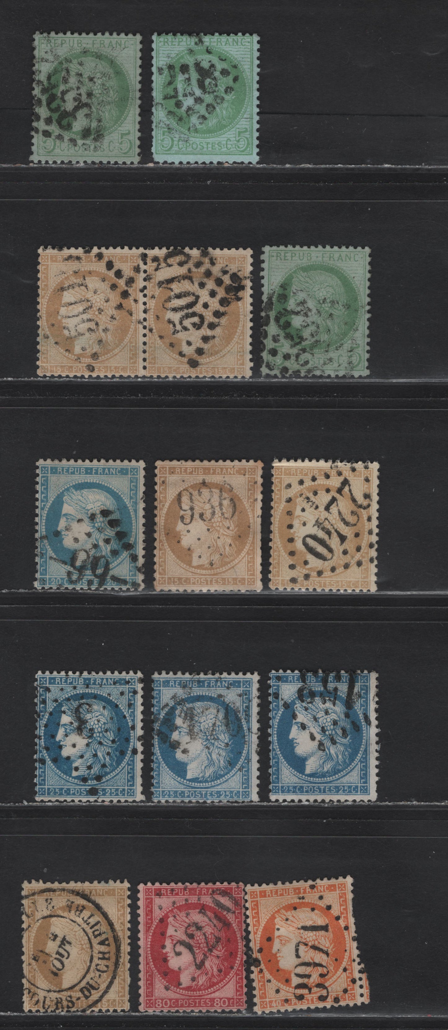 Lot 130 France SC#53-a, 56-59, 61, 63b 5c - 80c Yellow Green - Deep Carmine Rose Ceres, 1870-1875 Perforated Ceres Issues, 13 Fine Used Singles & Pair, Dotted Diamond & CDS Cancels