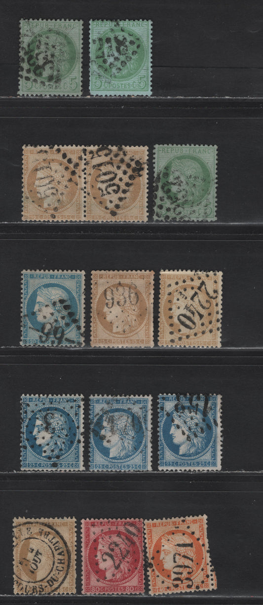 Lot 130 France SC#53-a, 56-59, 61, 63b 5c - 80c Yellow Green - Deep Carmine Rose Ceres, 1870-1875 Perforated Ceres Issues, 13 Fine Used Singles & Pair, Dotted Diamond & CDS Cancels