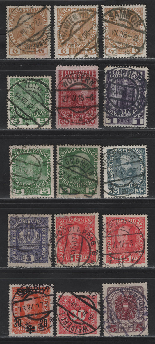 Lot 13 Austria SC#82, 113-114, 113b, 114a, 118a, 145, 150, 122, 124, 245, J54, J62 60h - 20h on 6h Brown - Deep Orange , 1899-1917 Franz Josef Sideface - Postage Due Issues, 16 Fine/Very Fine Used Singles, Ordinary & Chalky Papers