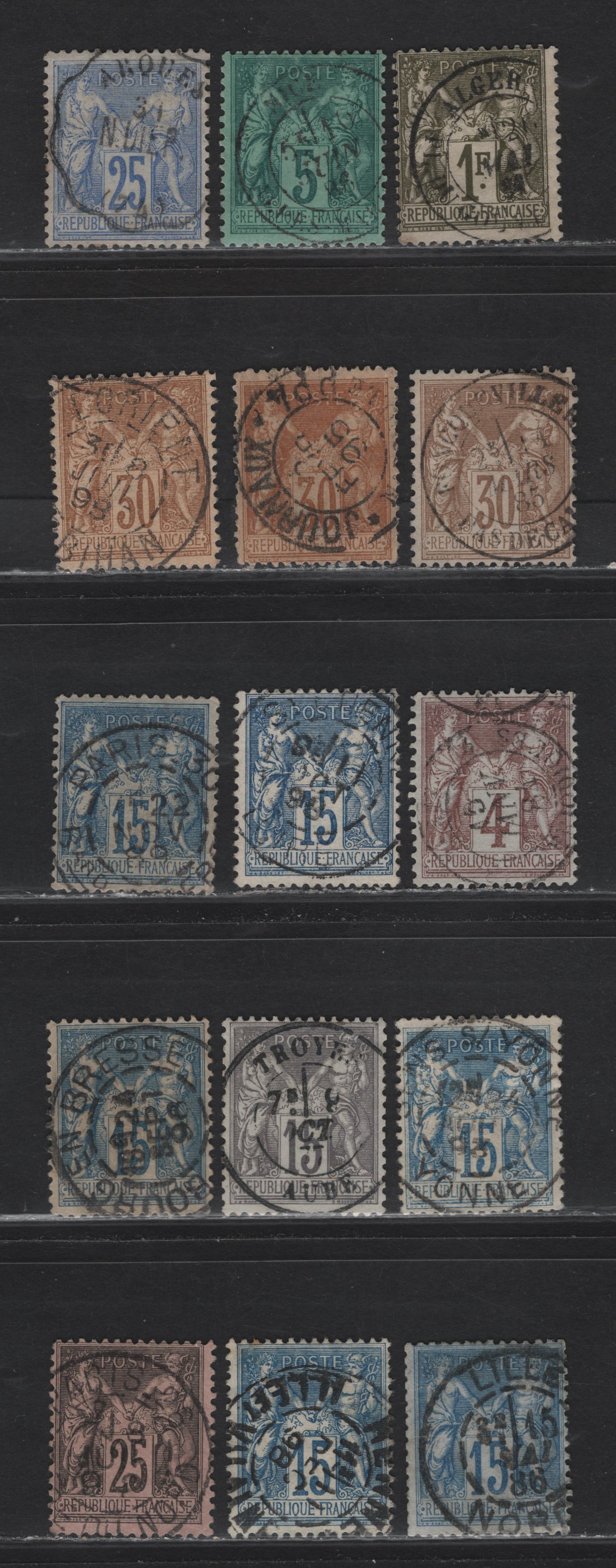 Lot 132 France SC#78, 80-82, 84, 90, 92,b, 93 4c - 1fr Claret - Bronze Green Peace & Commerce, 1876-1880 Peace & Commerce Issue, 15 Fine/Very Fine Used Singles, SON CDS Town Cancels, All Type II