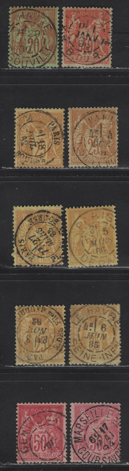 Lot 133 France SC#95, 98-99, 101-a 40c - 50c Red - Carmine Peace & Commerce, 1879-1890 Peace & Commerce Issue, 10 Fine/Very Fine Used Singles, SON Town Cancels