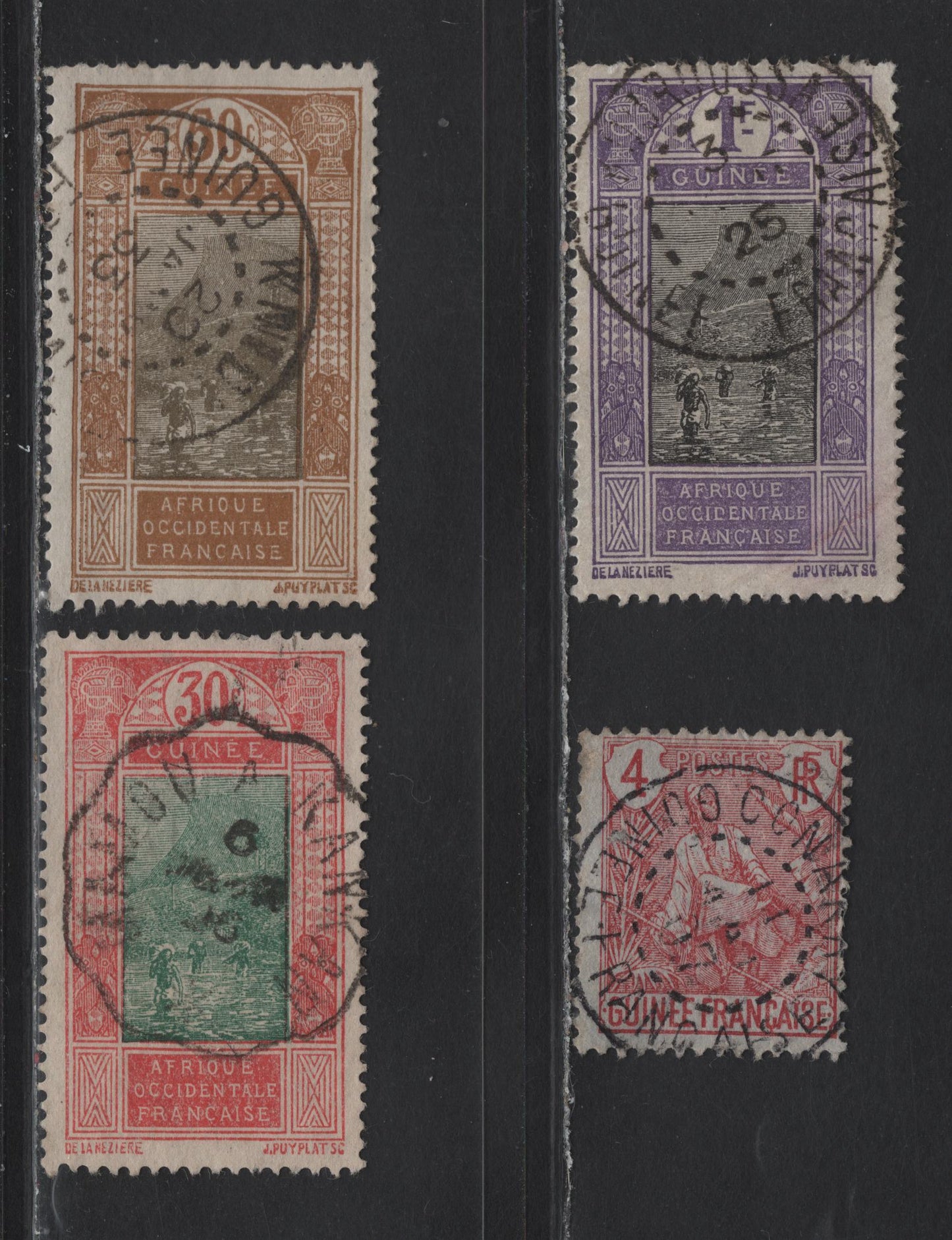 Lot 135 French Guinea SC#20, 81, 88, 96 4c - 1fr Carmine - Violet & Black Fulah Shepherf - Ford At Kitum, 1904-1933 Fulah Shepherf - Ford At Kitum Keyplate Issues, 4 Fine/Very Fine Used Singles, SON CDS Cancels For Conakry, Kenaken, Etc