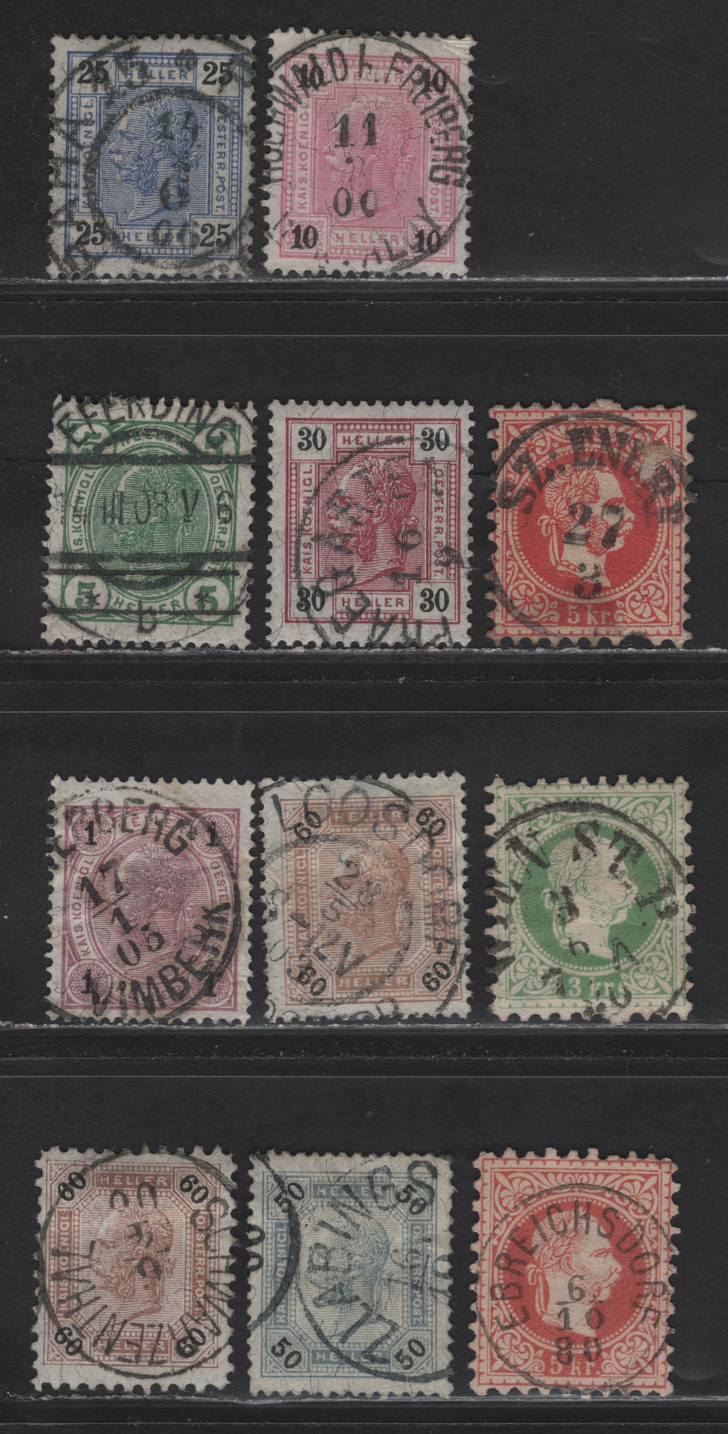 Lot 137 Austria SC#29a, 35-36, 70, 75, 77-78, 81-82,c, 89 5k - 5h Rose - Dark Blue Green Franz Josef, 1862-1907 Franz Josef Issues, 11 Fine/Very Fine Used Singles, Coarse Print, SONTown Cancels Including Szent Endri (Hungary) & Ebreichsdorf