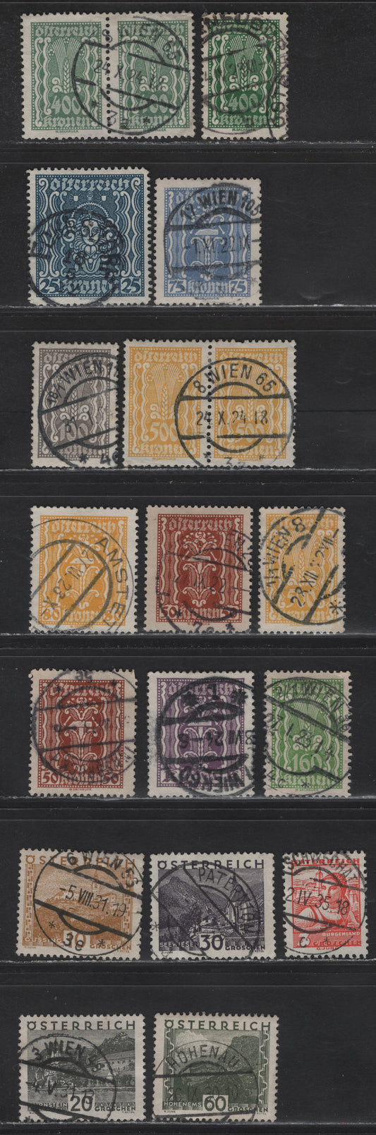 Lot 14 Austria SC#264, 266-268, 271, 276-a, 277, 281, 289, 327, 331, 334, 337, 355 50k - 3g Orange Brown - Scarlet Symbols of Agriculture - Costumes, 1922-1935 Symbols of Agriculture - Costume Issues, 17 Fine/Very Fine Used Singles, SON Town Cancels