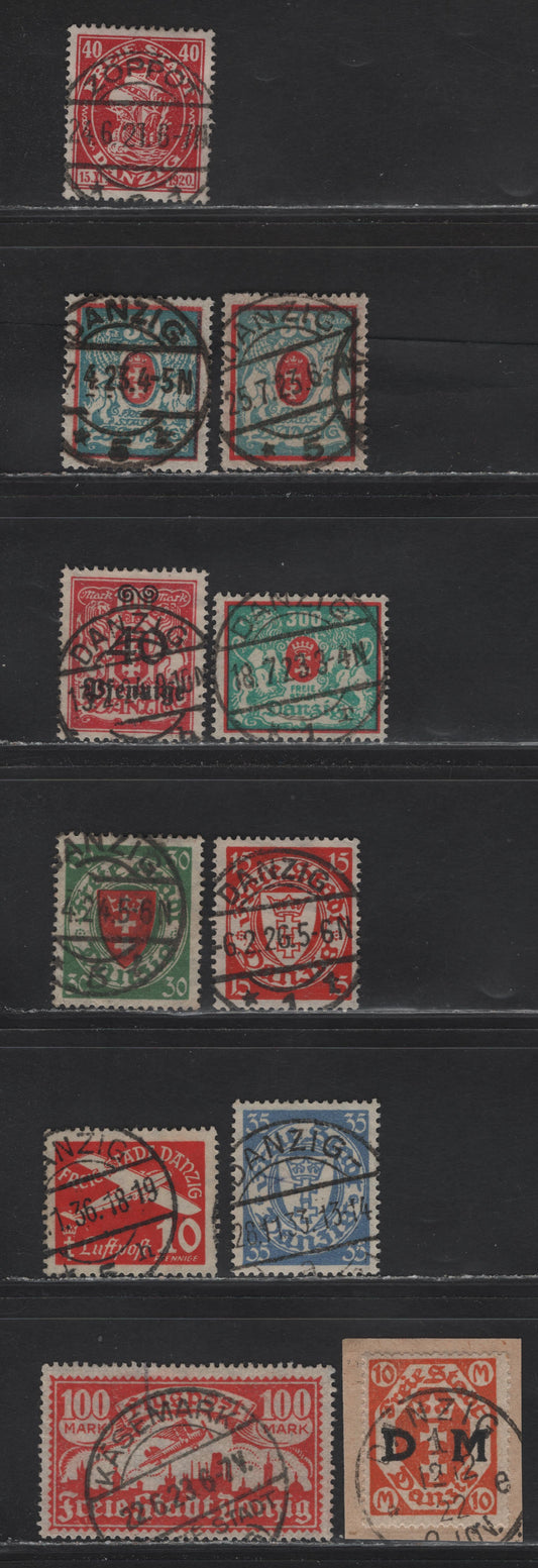 Lot 141 Danzig SC#52, 106, 118, 161, 176a, 183a, 181, C36, O26, C19 40pf - 10m Carmine Rose - Orange Hanseatu Ship - Overprints, 1921-1922 Hanseatu Ship - Official Overprinted Issues, 11 Fine/Very Fine Used Singles, SON Town Cancels