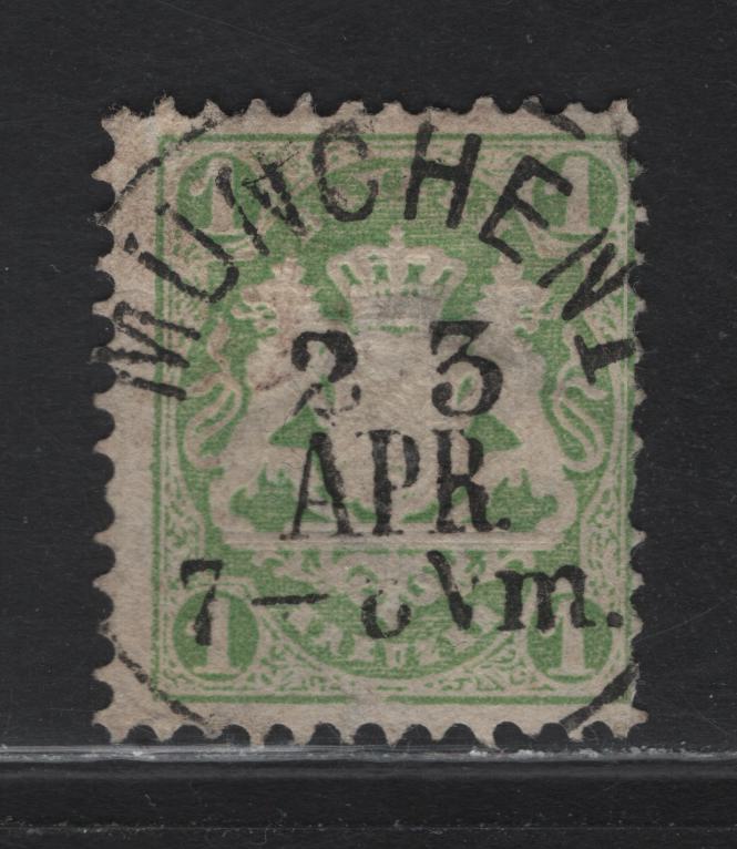 Lot 144 Germany - Bavaria SC#23a 1kr Green Coat of Arms, 1870-1872 Embossed Arms Issue, Wmk Narrow Lozenges, A Fine Single With SON Munich Cancel