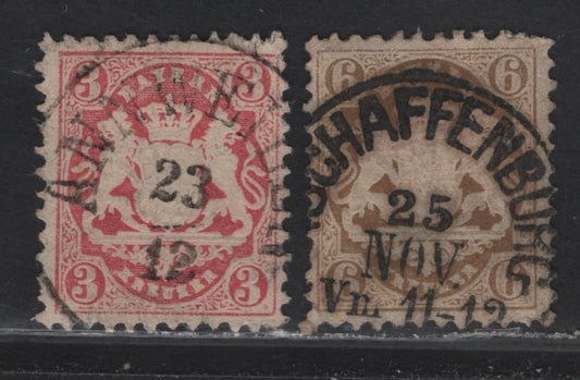Lot 145 Germany - Bavaria SC#34, 25a 3kr, 6kr Deep Rose & Bistre Coat of Arms, 1870-1875 Embossed Arms Issue, Wmk Narrow Lozenges & Wavy Lines, 2 Fine Singles With SON Annweiler & Scaffenburg CDS Cancels