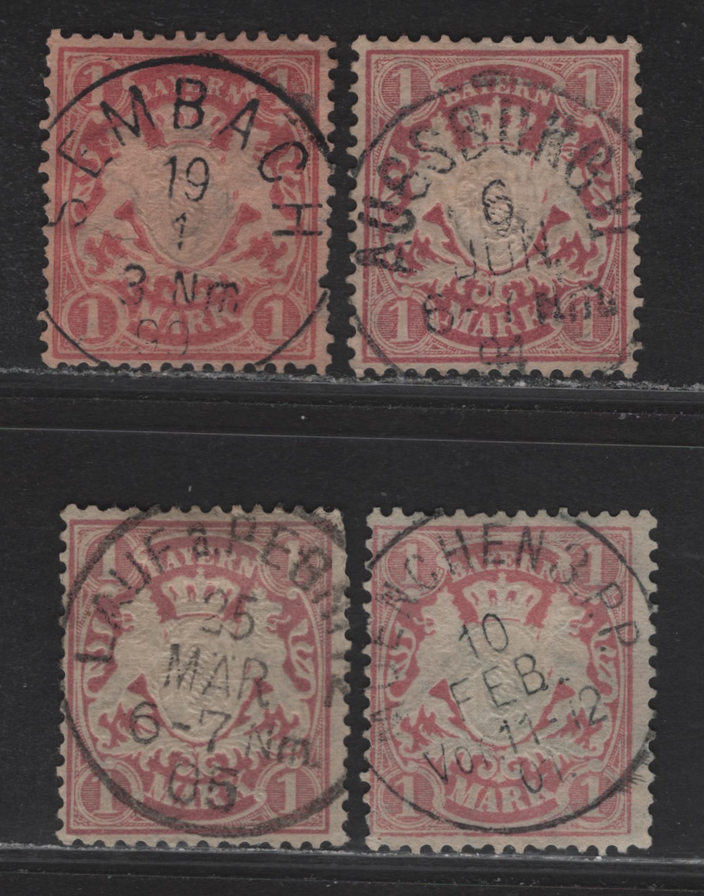 Lot 150 Germany - Bavaria SC#54-54a 1m Rose Lilac & Brownish Lilac Coat of Arms, 1881-1911 Embossed Arms Issue, Wmk Vertical Wavy Lines, 4 Fine & VF Singles All With SON CDS Town Cancels, Small Faults On 2