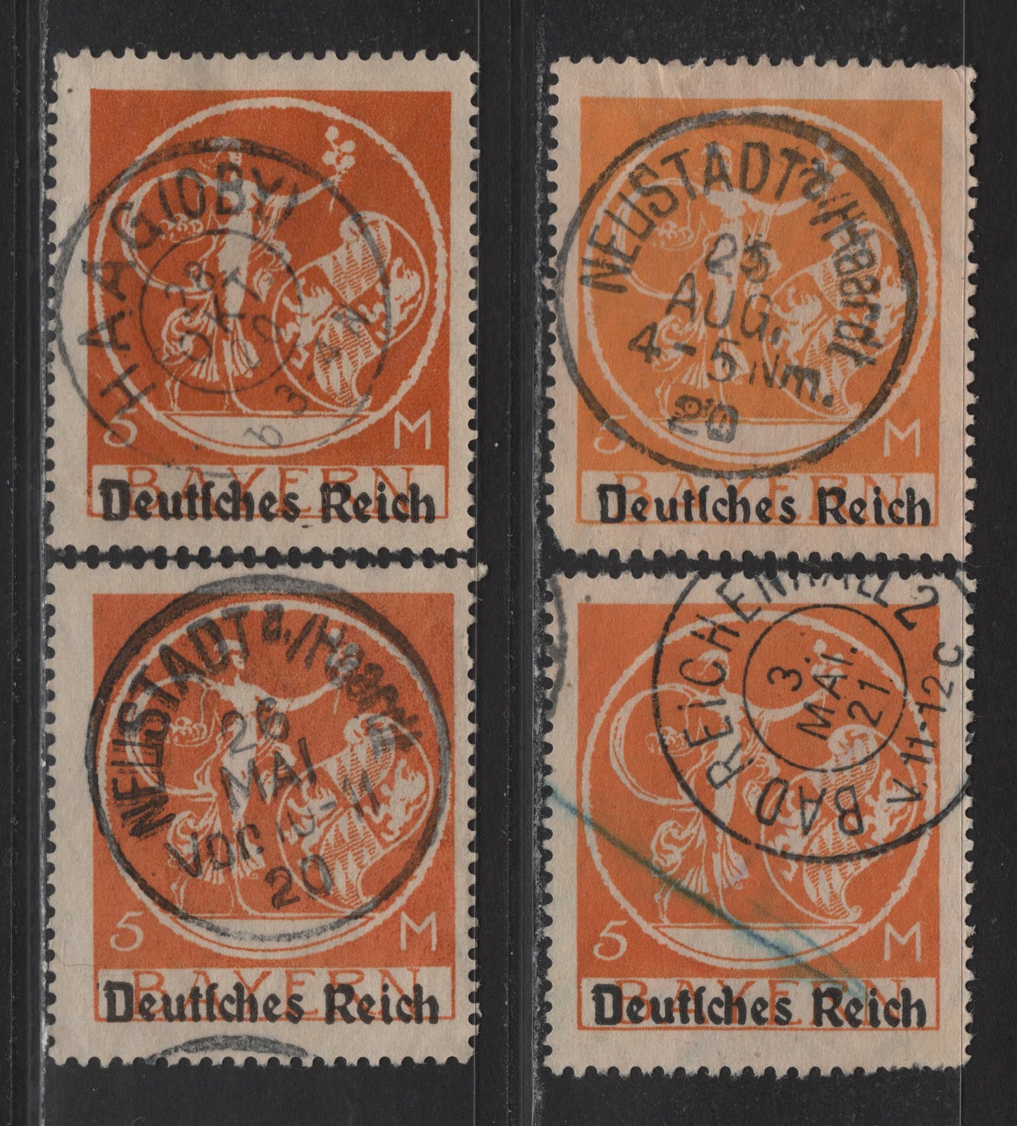 Lot 153 Germany - Bavaria SC# 5m  Orange & Yellow Orange Von Kaulbach's Genius, 1920 Deutches Reich Overprints, 4 Fine & VF Singles All With SON CDS Town Cancels, Small Corner Crease On Yellow Orange Stamp