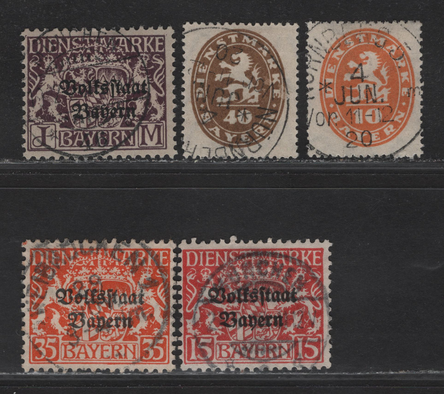 Lot 154 Germany - Bavaria SC# 15pf - 40pf Red - Bistre Coat of Arms, 1918-1920 Plebiscite Overprints on Officials & Arms Officials, 5 Fine & VF Singles All With SON CDS Town Cancels