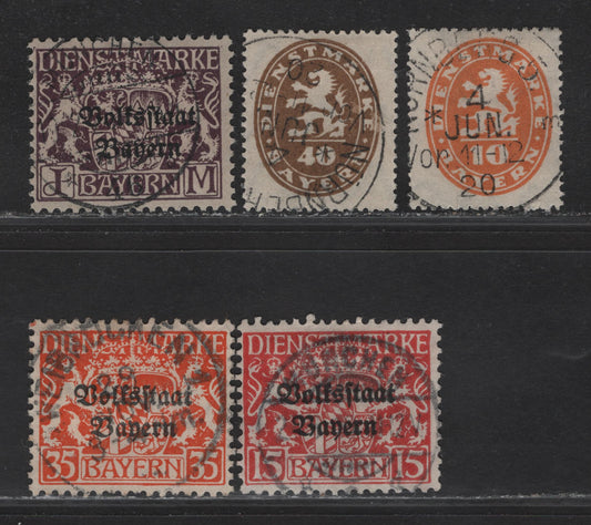 Lot 154 Germany - Bavaria SC# 15pf - 40pf Red - Bistre Coat of Arms, 1918-1920 Plebiscite Overprints on Officials & Arms Officials, 5 Fine & VF Singles All With SON CDS Town Cancels