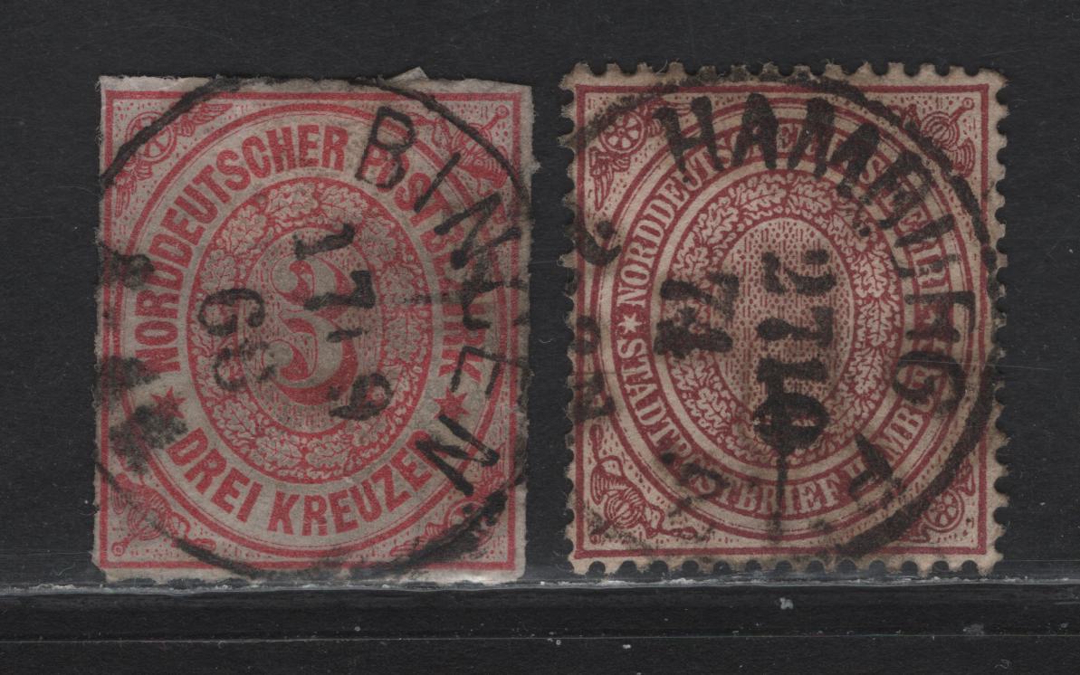 Lot 156 Germany - North German Confederation SC# 3kr, 1/2s Rose & Dull Violet Brown Numeral & Fancy Background, 1868-1879 Rouletted & Perforated Numeral Issues, 2 VF Singles With SON Bingen & Hamburg Cancels