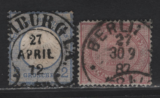 Lot 157 Germany SC#18, 36d 2gr, 2m Ultramarine & Rose Lilac Eagle & Shield, Numeral & Fancy Background, 1872-1890 Embossed Eagle With Large Shield & Numeral Issue, 2 VG & Fine Singles With SON Hamburg & Berlin Cancels, Shallow Corner Thin on 2Gr