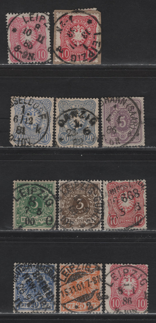Lot 159 Germany SC#39/50 3pf-25pf  1880-1900 Embossed Eagle Issue Without Final E In Pfennige & Typographed Numeral & Arms Issue, 12 Fine & VF Singles All With SON CDS Town Cancels, Including German-America Steamship Cancel on 20pf