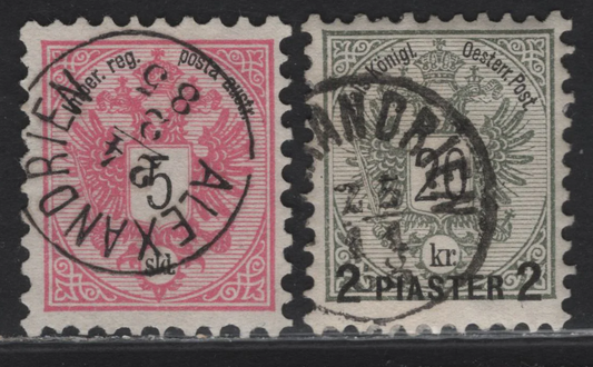 Lot 15B Austria - Office In Turkish Empire SC#10, 18 5gld - 2pi on 20kr Rose - Gray Arms, 1883-1888 Arms Keyplate Issue, 2 Fine Used Singles, SON Alexandria Cancels