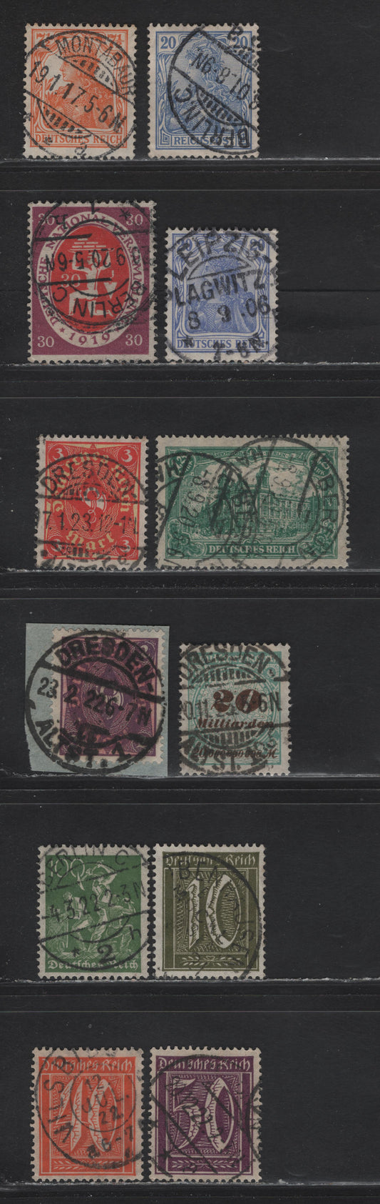 Lot 160 Germany SC#56, 84e, 98, 108, 112, 138, 142, 143, 146, 150, 151, 298 20pf-20mlrdm Ultramarine - Bluish Green & Brown Germania - Numeral, 1900-1923 Germania & Numeral Issue, 12 Fine & VF Singles All With SON CDS Town Cancels