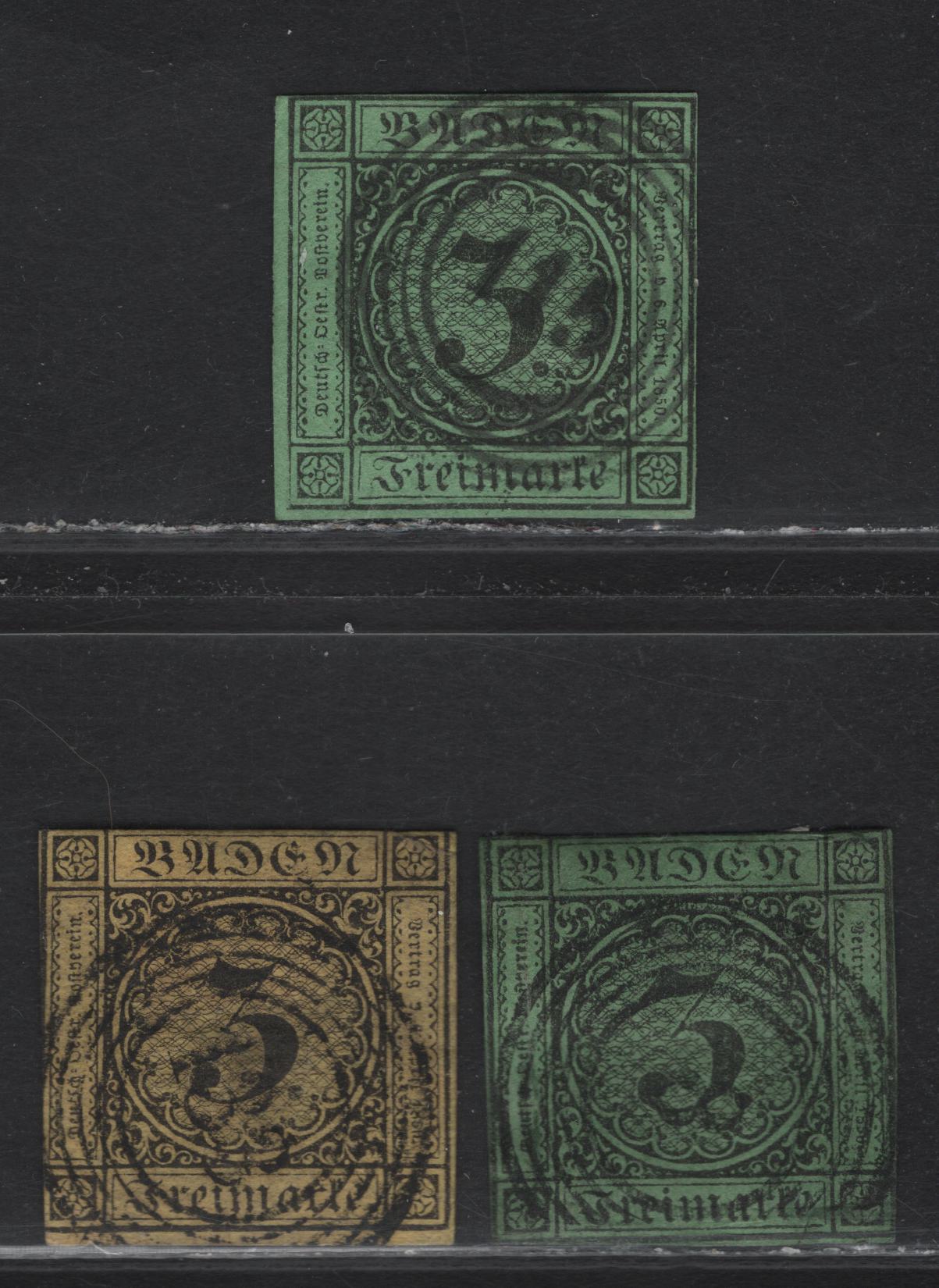 Lot 16 Germany - Baden SC#1f2, 7 3kr Black on Yellow & Black on Green Numeral, 1851-1858 Numeral Issue, 3 Very Good Used Singles, VG Used Examples With SON 5-Ringed Numeral Cancels Include:, 8 - Baden, 133 Sinsheim & 115 - Rastatt