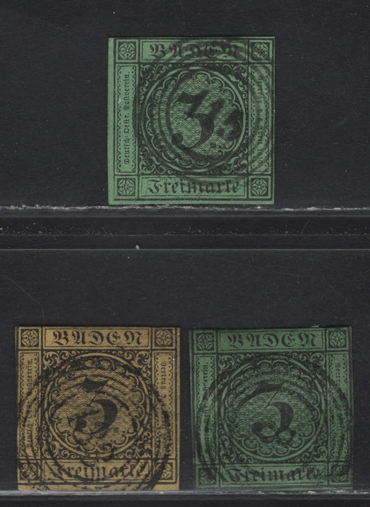 Lot 16 Germany - Baden SC#1f2, 7 3kr Black on Yellow & Black on Green Numeral, 1851-1858 Numeral Issue, 3 Very Good Used Singles, VG Used Examples With SON 5-Ringed Numeral Cancels Include:, 8 - Baden, 133 Sinsheim & 115 - Rastatt