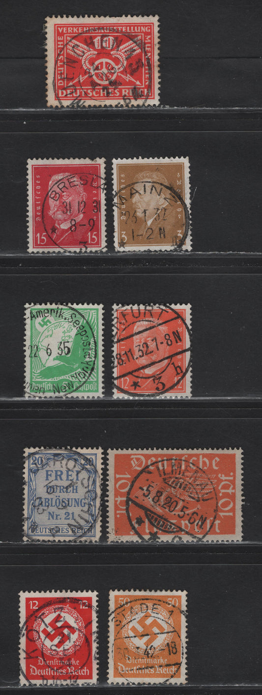 Lot 161 Germany SC#346, 366, 373-374, C1, C46, OL5, O86, )91 10pf-50pf  Vermilion - Orange Yellow Traffic Wheel - Swastika, 1925-1934 German Traffic Exhibition - Official Issue, 9 Fine & VF Singles All With SON CDS Town Cancels