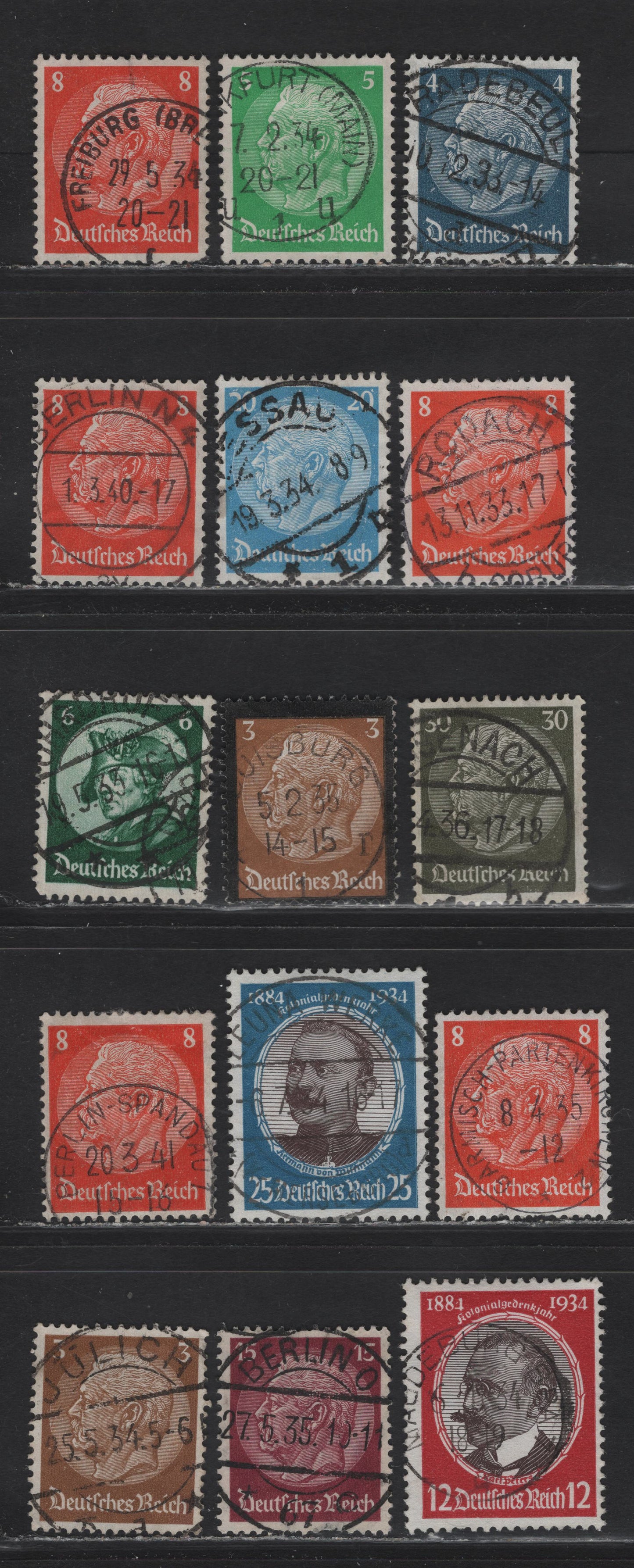 Lot 162 Germany SC#391/436 4pf-3pf Grey Blue - Olive Bistre Von Hindenburg - Herman Von Wissman, 1932-1934 Von Hindenburg Definitives Wmk Network - Memorial Issue, 15 Fine & VF Singles All With SON CDS Town Cancels, 15pf Has a Thin and is Not Counted