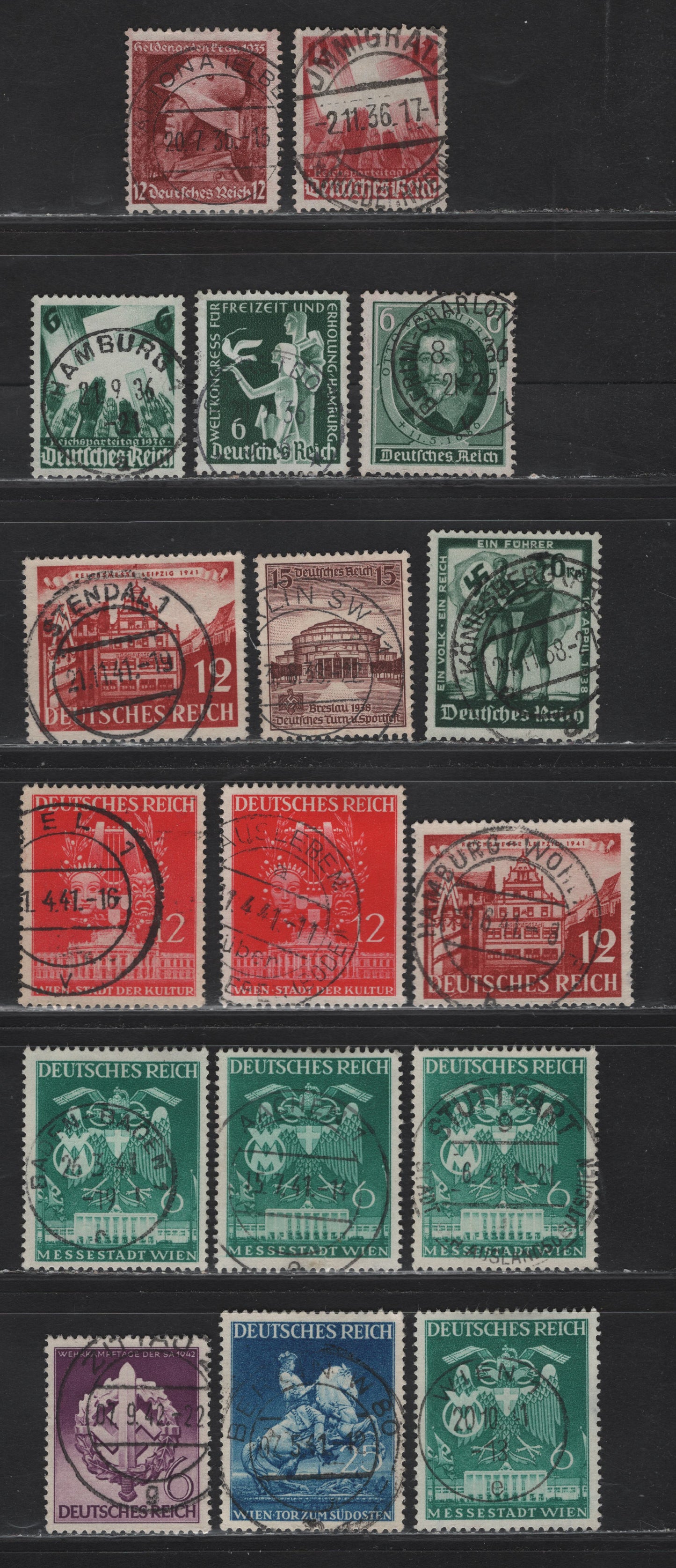 Lot 163 Germany SC#453, 472, 477, 479-480, 484, 489, 500, 503-505, 528 12pf-6pf Copper Red - Purple German Soldier - Storm Trooper Emblem, 1935-1942 War Heroes Day - War Effort Day Of The Storm Troppers, 17 Fine & VF Singles All With SON CDS Town Cancels