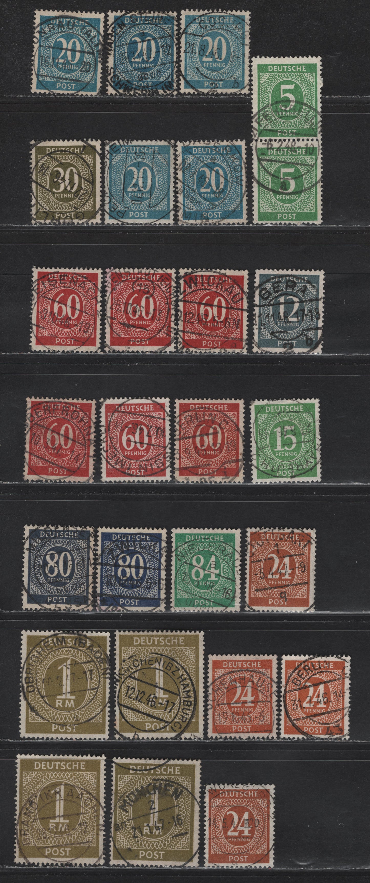 Lot 166 Germany SC#534/556 5pf-1Rm 12pf Emerald - 1m Olive Green Numerals , 1946 Numeral Definitives, 25 Fine & VF Singles and 1 Pair All With SON CDS Town Cancels & Shade Variations