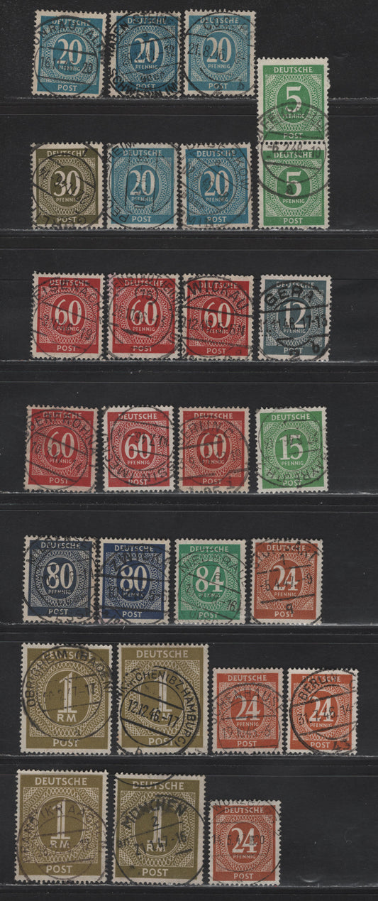 Lot 166 Germany SC#534/556 5pf-1Rm 12pf Emerald - 1m Olive Green Numerals , 1946 Numeral Definitives, 25 Fine & VF Singles and 1 Pair All With SON CDS Town Cancels & Shade Variations