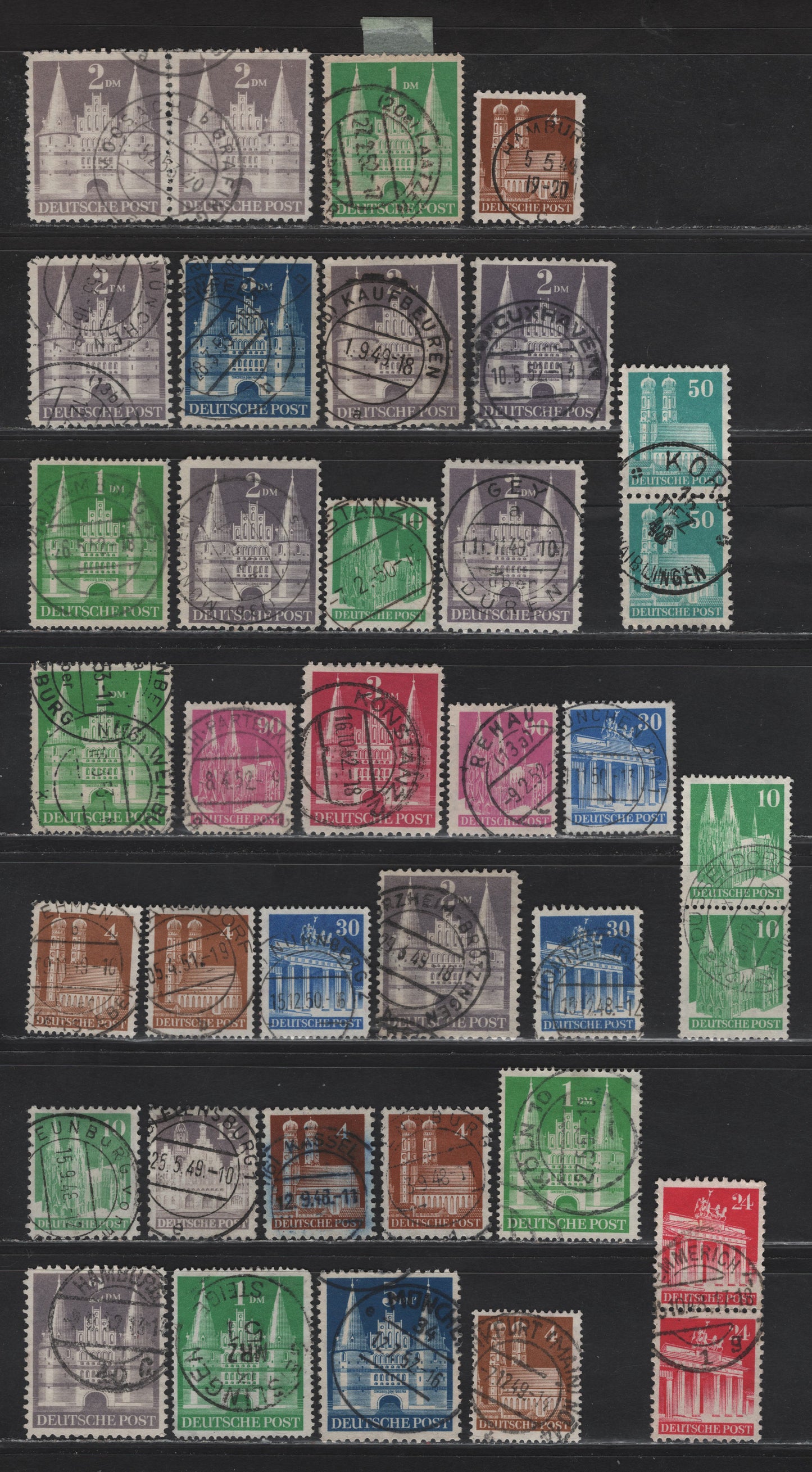 Lot 167 Germany SC#635/657a, 658a, 659a, 660a, 661a, 635a, 641a, 649a,  4pf-5DM Orange Brown - Blue Various Buildings, 1948-1951  Buildings Issue, 29 Fine & VF Singles and 4 Pairs All With SON CDS Town Cancels, Perforation Varieties