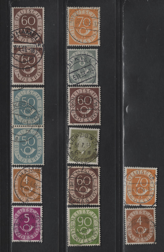 Lot 168 Germany SC#369, 671/685 4pf-90pf Olive Green - Yellow Green 1928-32 & 1951-1952 Von Hindenburg & Ebert Definitives & Numeral & Posthorn Definitives, 10 Fine & VF Singles and 2 Pairs All With SON CDS Town Cancels