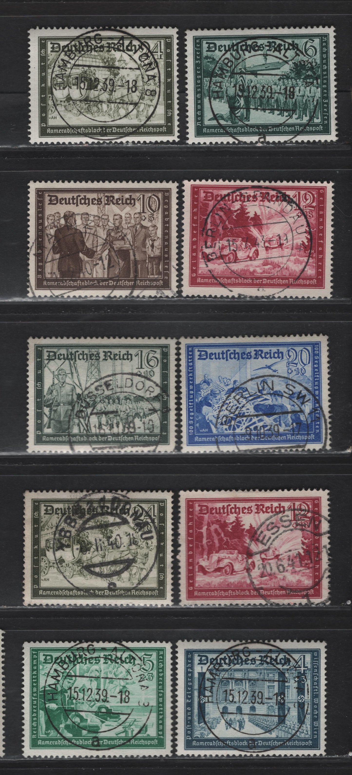 Lot 170 Germany SC#B149/B158 4pf + 3pf - 24pf + 16pf Slate Blue - Olive Green Various Scenes, 1939-1941 Hitler's National Culture Fund, 10 Fine & VF Singles All With SON CDS Town Cancels