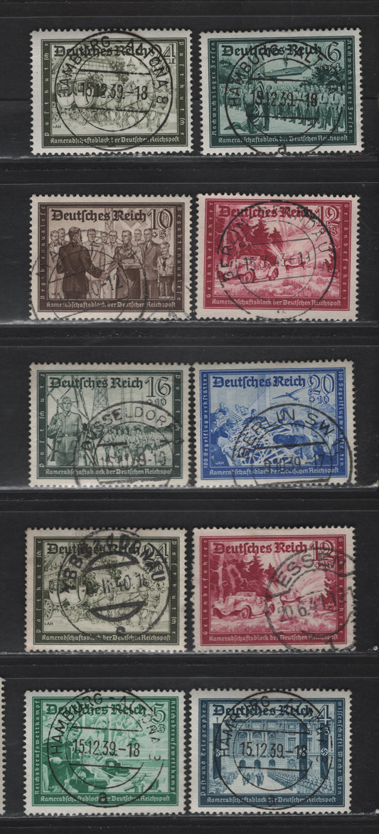 Lot 170 Germany SC#B149/B158 4pf + 3pf - 24pf + 16pf Slate Blue - Olive Green Various Scenes, 1939-1941 Hitler's National Culture Fund, 10 Fine & VF Singles All With SON CDS Town Cancels