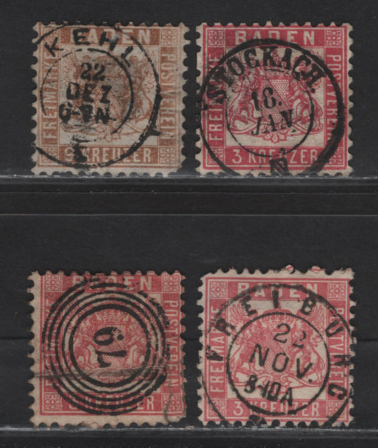 Lot 17 Germany - Baden SC#20, 23 3k - 9kr Rose - Brown Arms, 1862-1865 Arms Issue, 4 Very Good/Fine Used Singles, Perf 10, SON 79 (Lahr), Kehl, Stockach & Freiburg CDS Cancels
