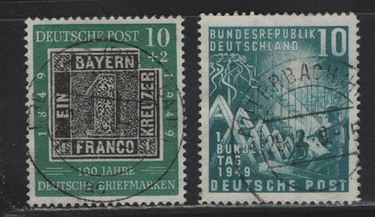 Lot 173 Germany SC#665, B309 10pf - 10pf +2pf Green & Green & Black Reconstruction & Replica of Bavaria #1, 1949 Opening Of First Federal Assembly & Stamp Centenary, 2 VF Singles With SON CDS Town Cancels