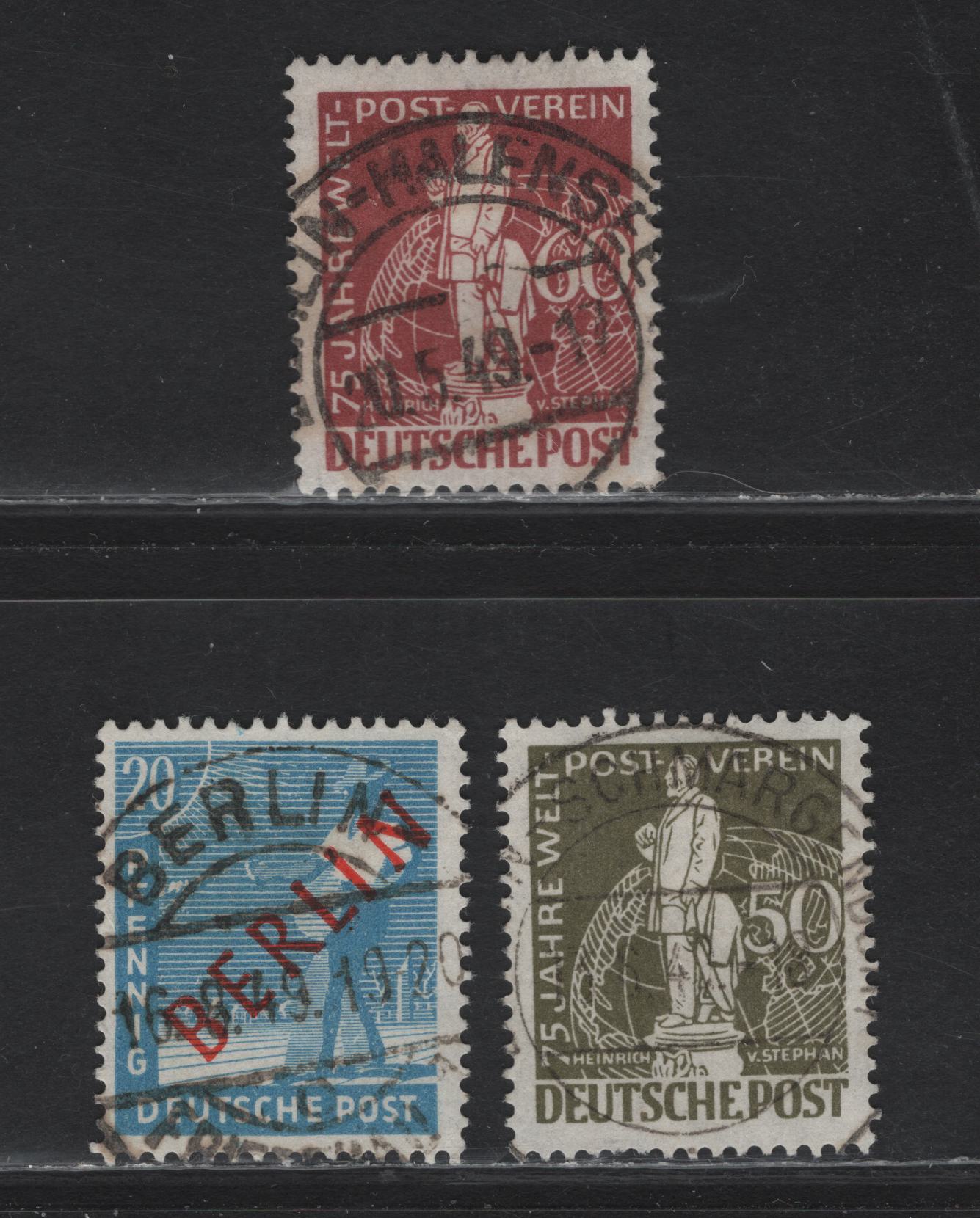 Lot 174 Germany - Berlin SC#9N26, 9N38-9N39 20pf-60pf Blue, Brown Olive & Brown Red Sower & Von Stephan, 1948-1949 Overprinted Reconstruction Definitives & UPU Issue, 3 Fine & VF Singles With SON CDS Town Cancels