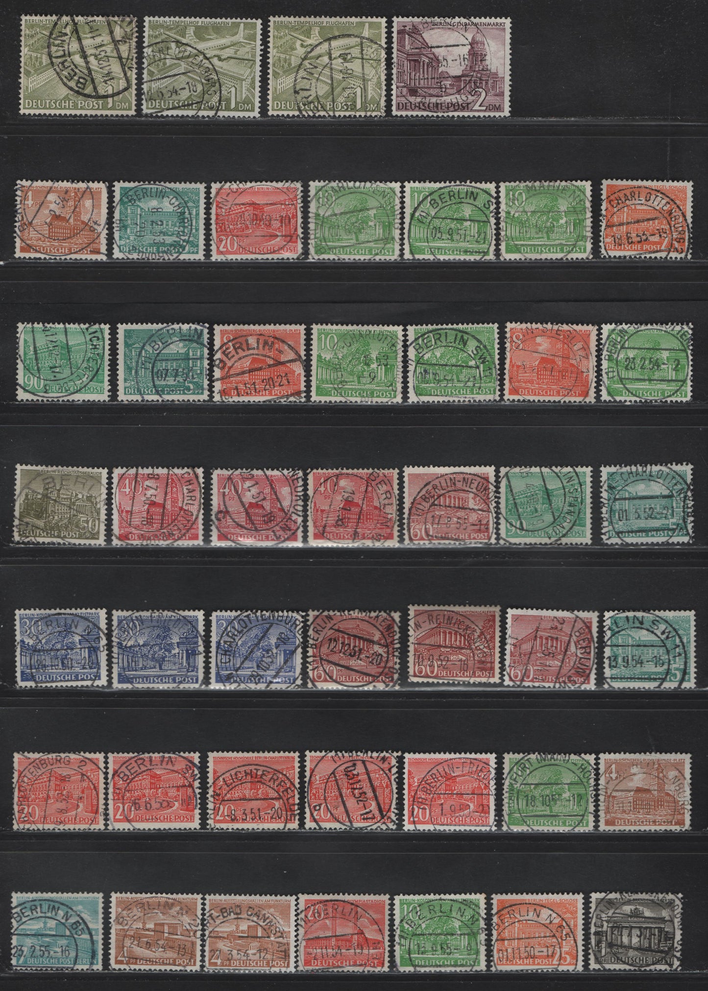 Lot 176 Germany - Berlin SC#9N42/9N58, 9N101-9N102, 9N108 1pf-2Dm Black-Brown Violet Various Buildings & Landmarks, 1949 Building & Landmark Definitives, 45 VF Singles With SON CDS Town Cancels